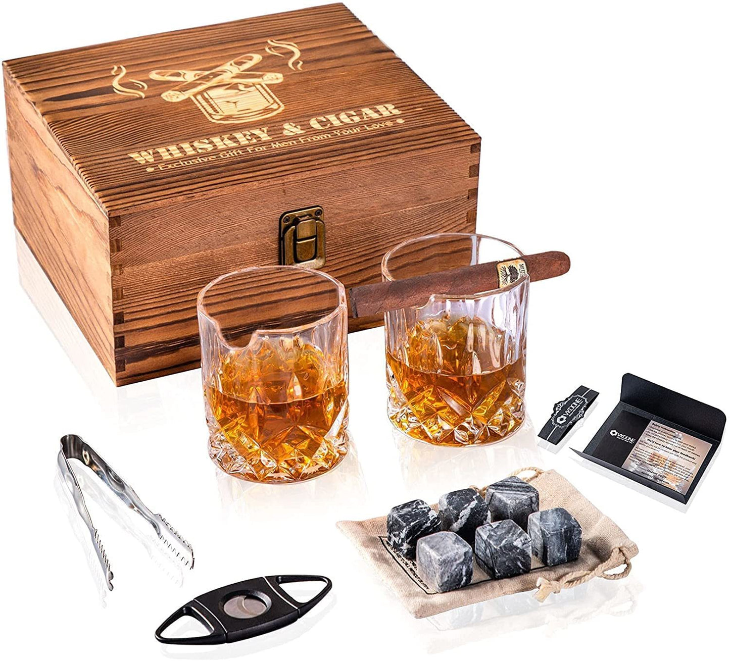 Whiskey Glass Set of 2 Glasses, With Side Stand and 6 Whiskey Stones