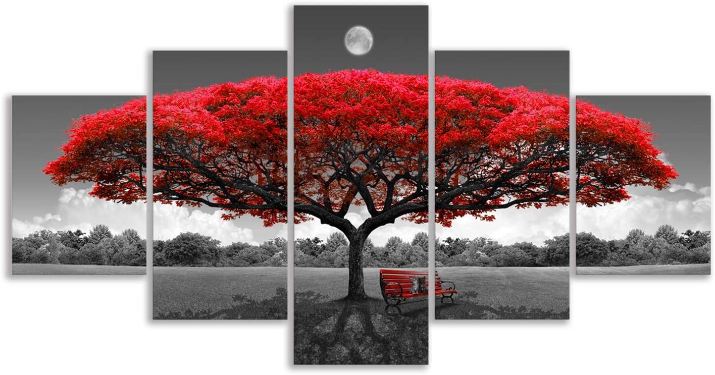 Canvas Wall Art Red Tree Wall Art with Moon (5 Pieces)