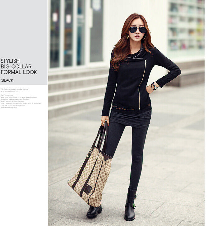 Woman's Autumn Top Outwear Coat Patch Lapel Collar Coat