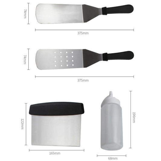 Stainless Steel Barbecue Tool Set Ergonomic Handle - 2 Perforated Flat Spatula, Turner, Scraper, 2 Squirt Bottles