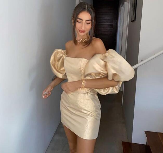 Puff Sleeve Backless Gold Lady Dress