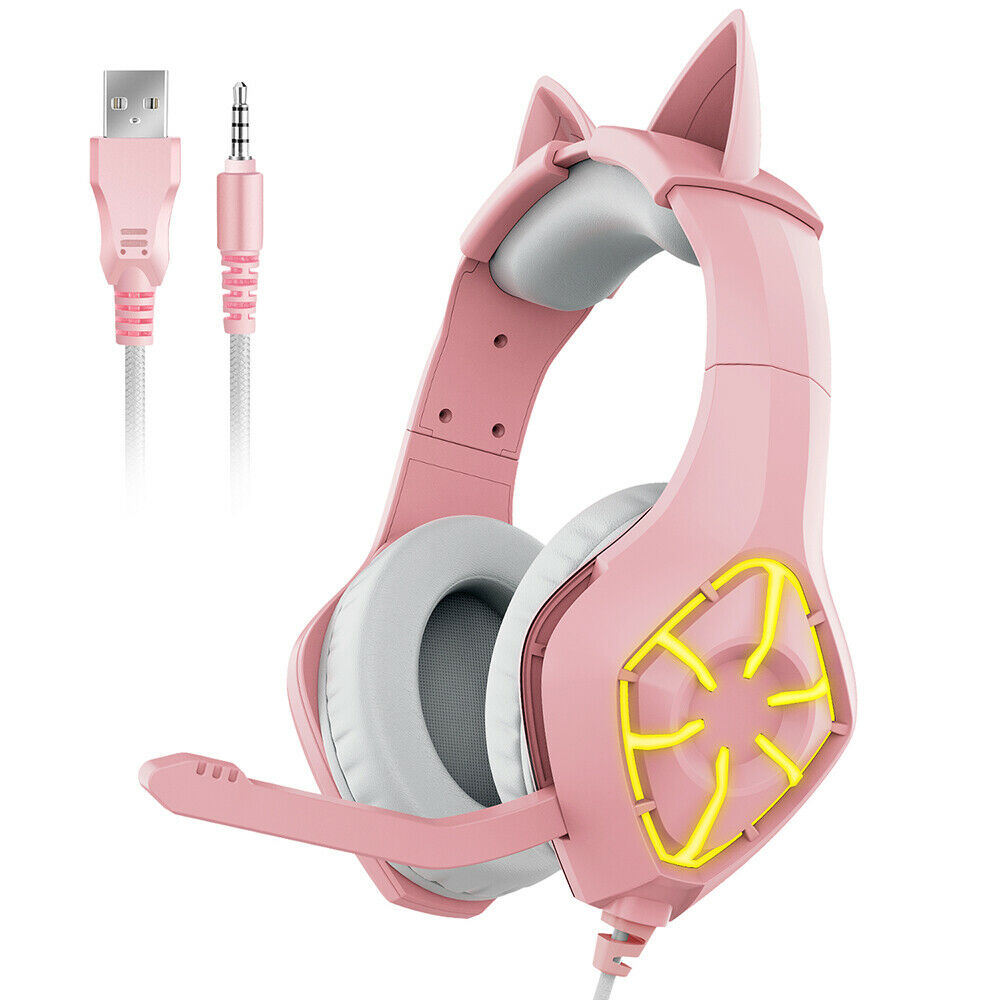 New Gaming Headset with Detachable Cat Ears, LED Light & Noise Canceling Microphone