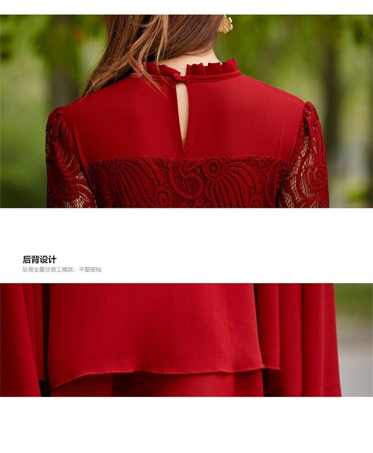 Vintage Elegant Women Lace Chiffon Long Sleeve