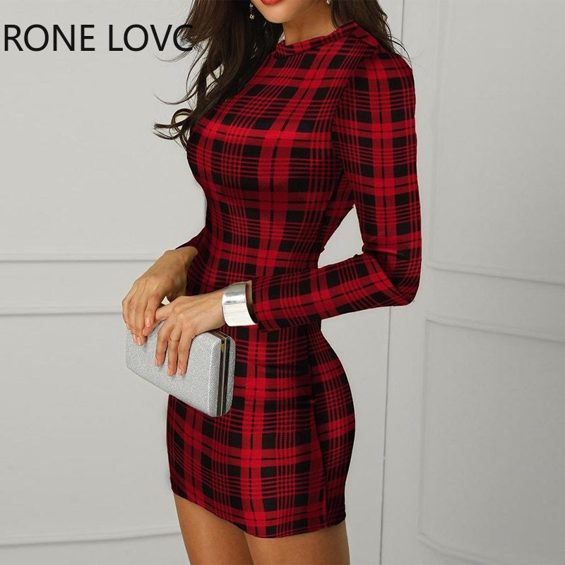 Women's Plaid Long Sleeve Bodycon Dress