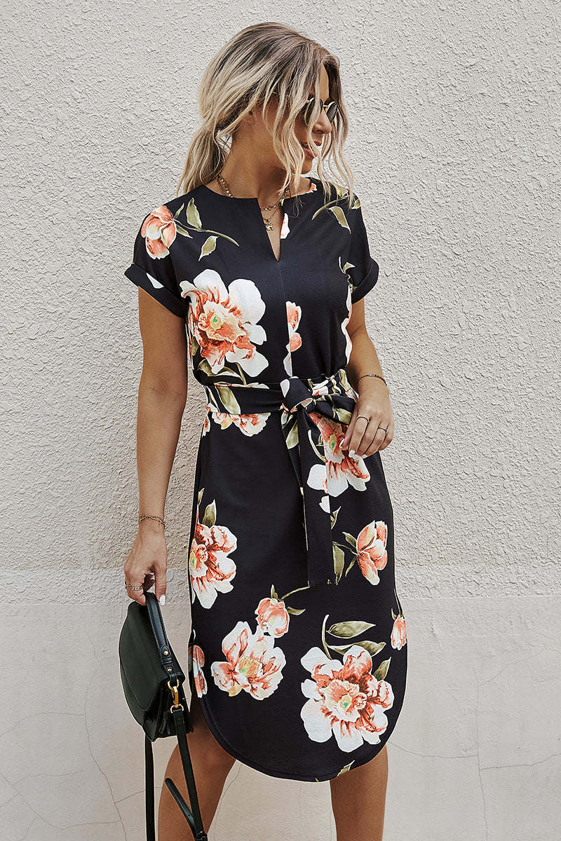 Short Sleeve Waist Tie Flower Dress