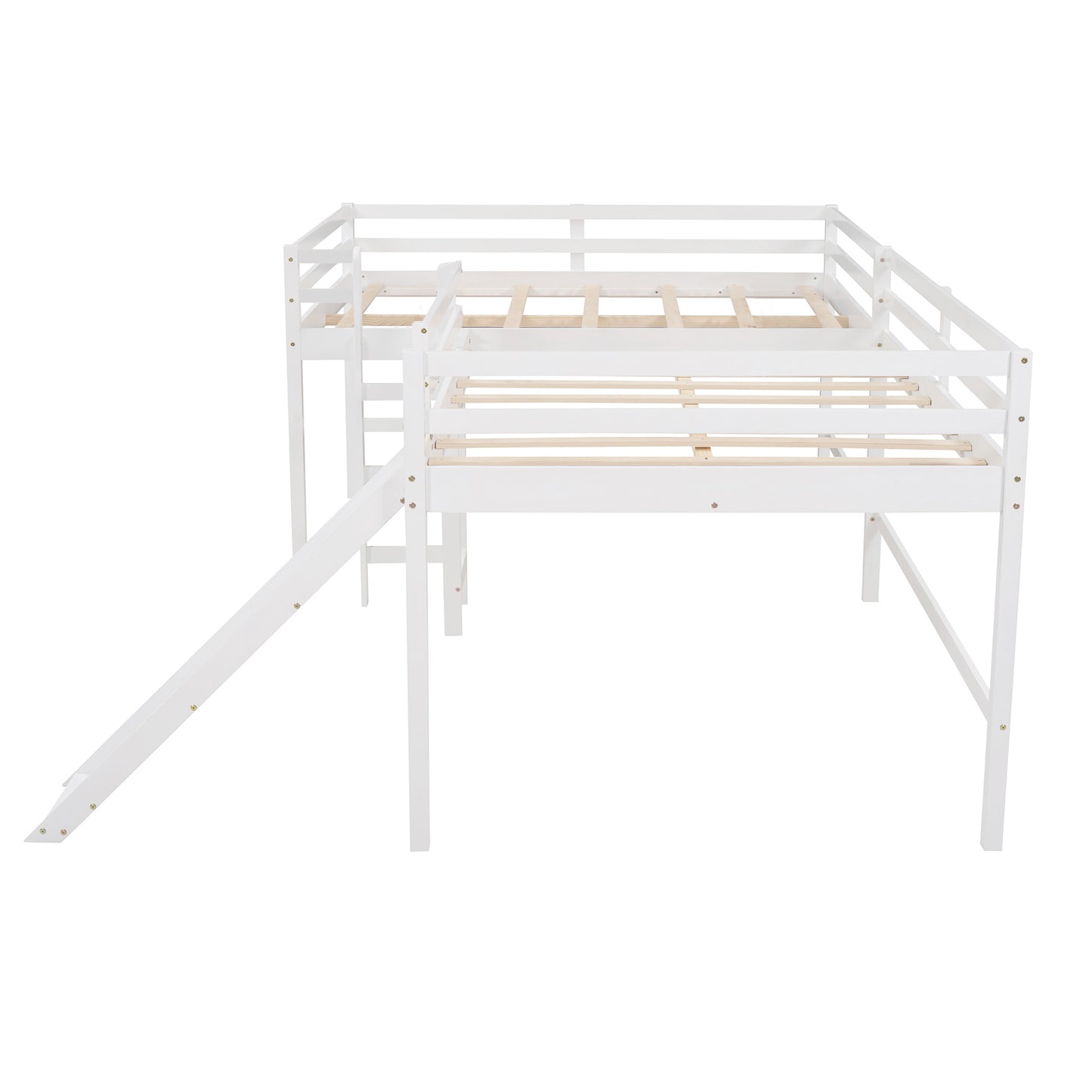 Full Size L-Shaped Loft Bed with Built-in Ladders and Slide