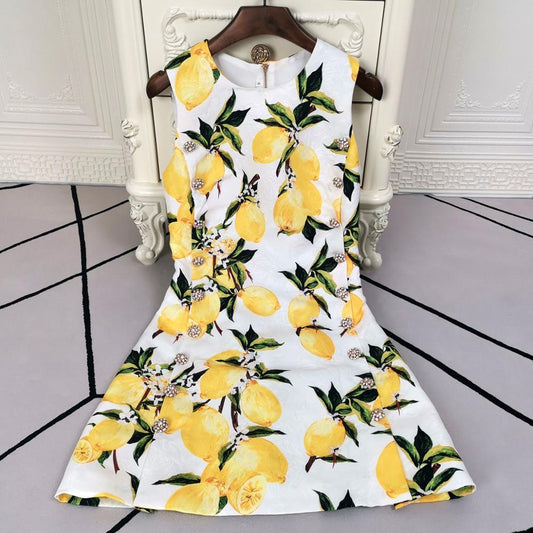 Vintage Lemon Print Mini Dress