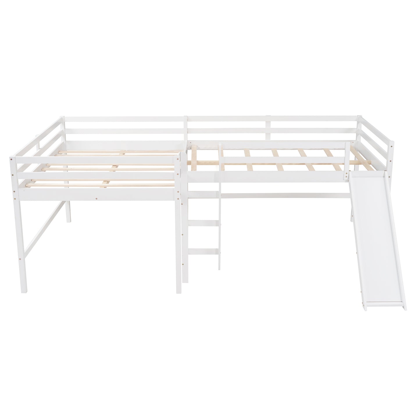 Full Size L-Shaped Loft Bed with Built-in Ladders and Slide