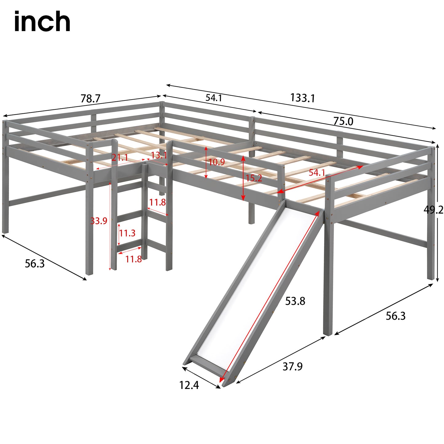 Full Size L-Shaped Loft Bed with Built-in Ladders and Slide