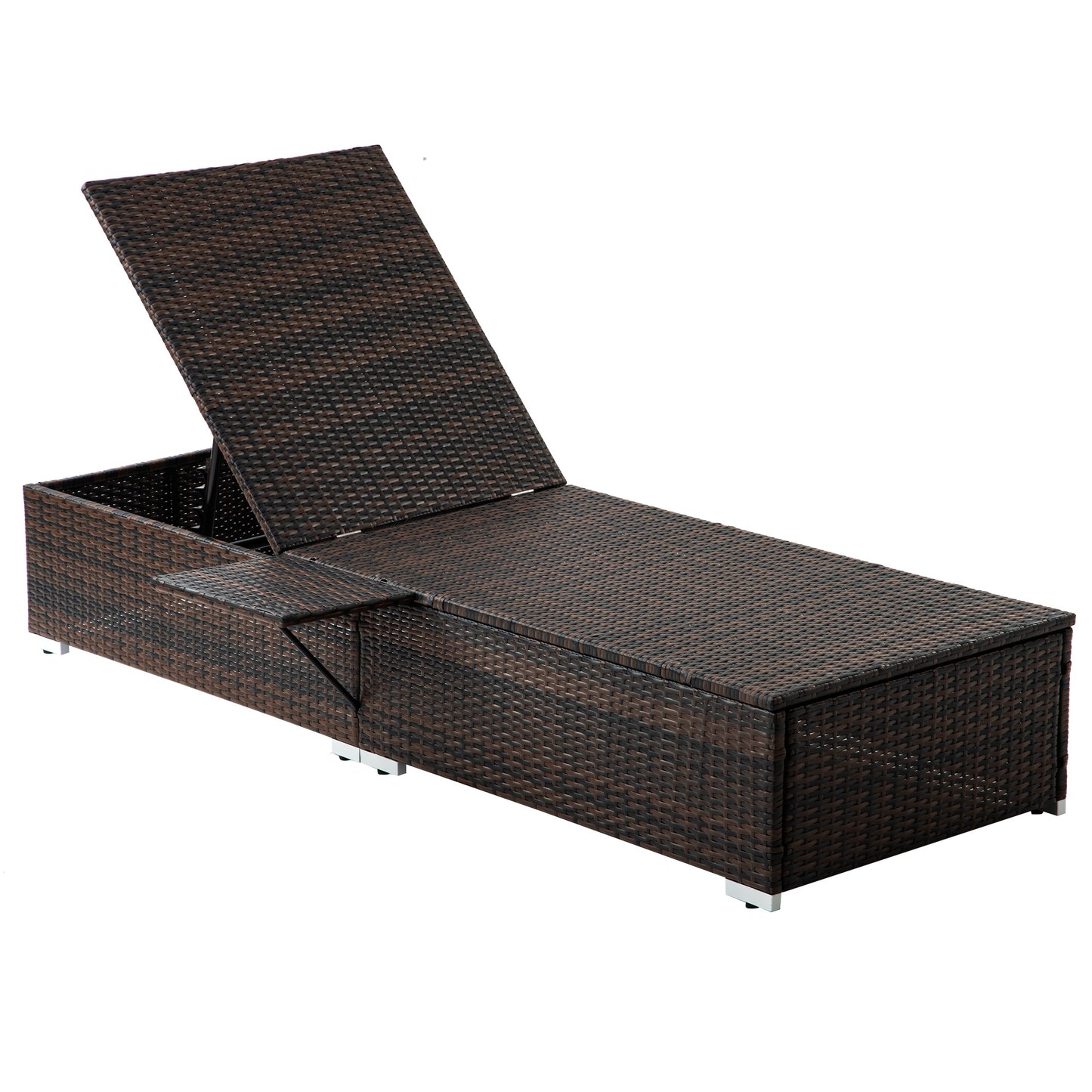 Outdoor Wicker Chaise Lounge - 2 Piece Patio Brown Rattan Reclining Chair Furniture Set Beach Pool Adjustable Backrest Recliners with Side Table and Comfort Head Pillow