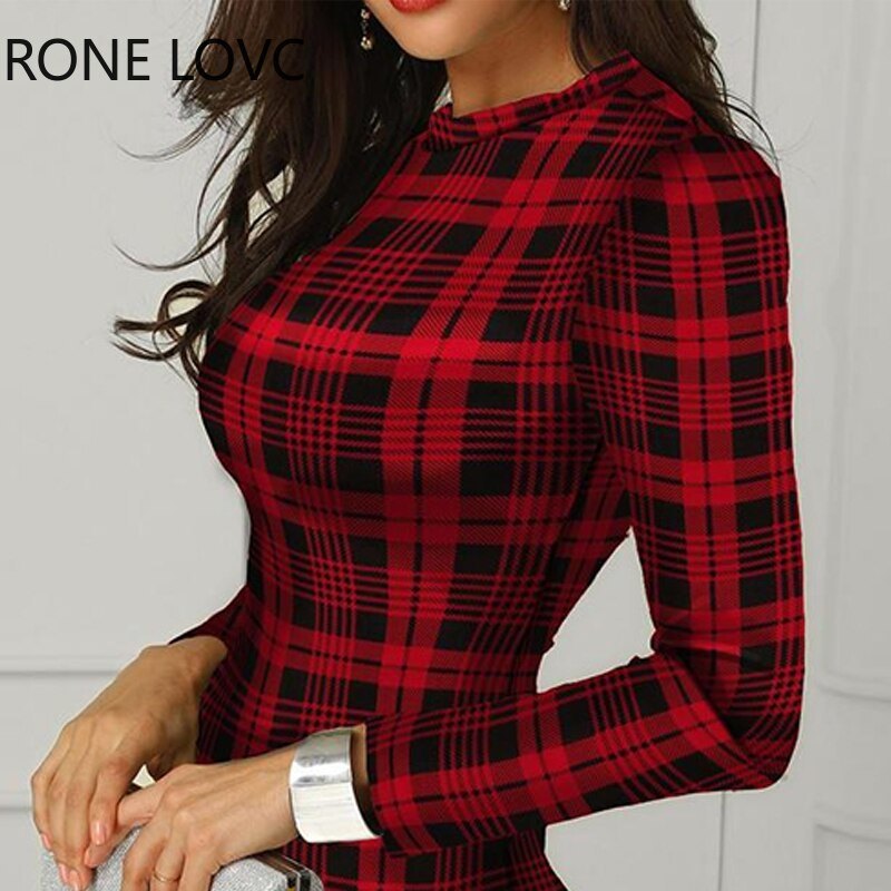 Women's Plaid Long Sleeve Bodycon Dress