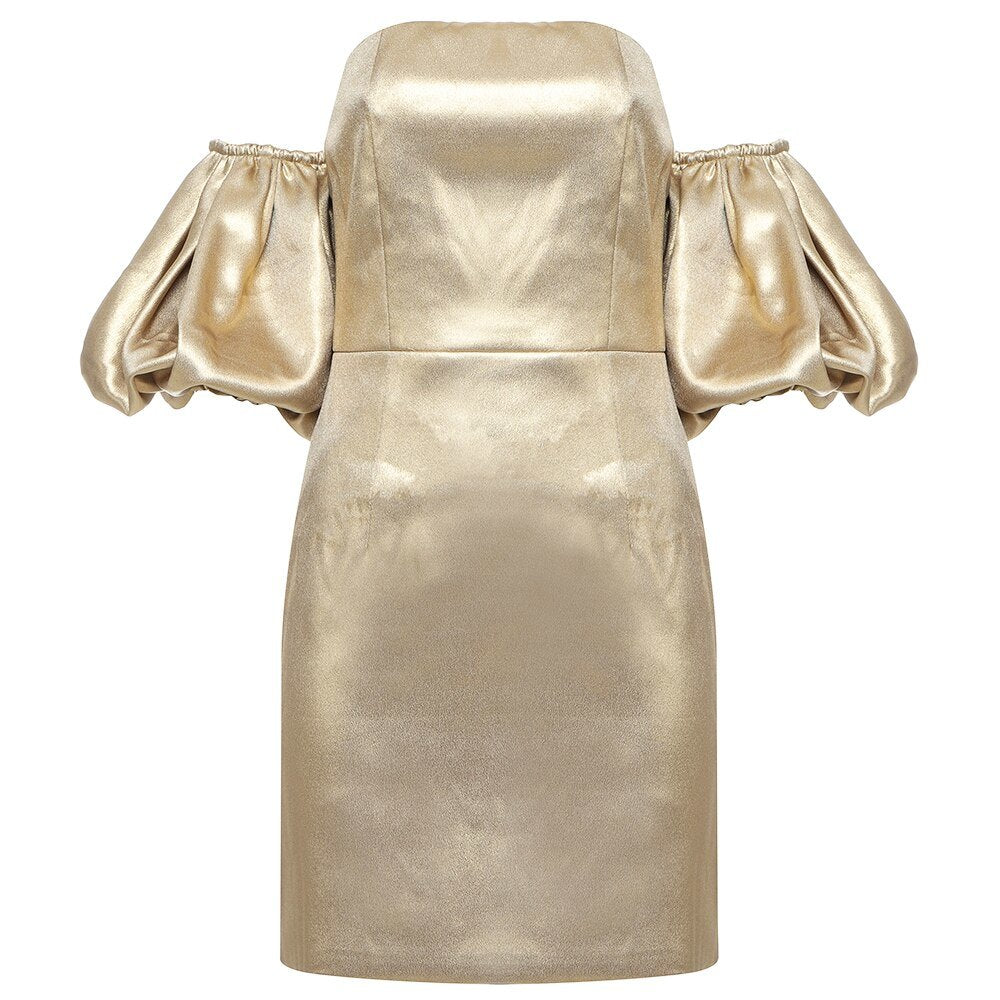 Puff Sleeve Backless Gold Lady Dress