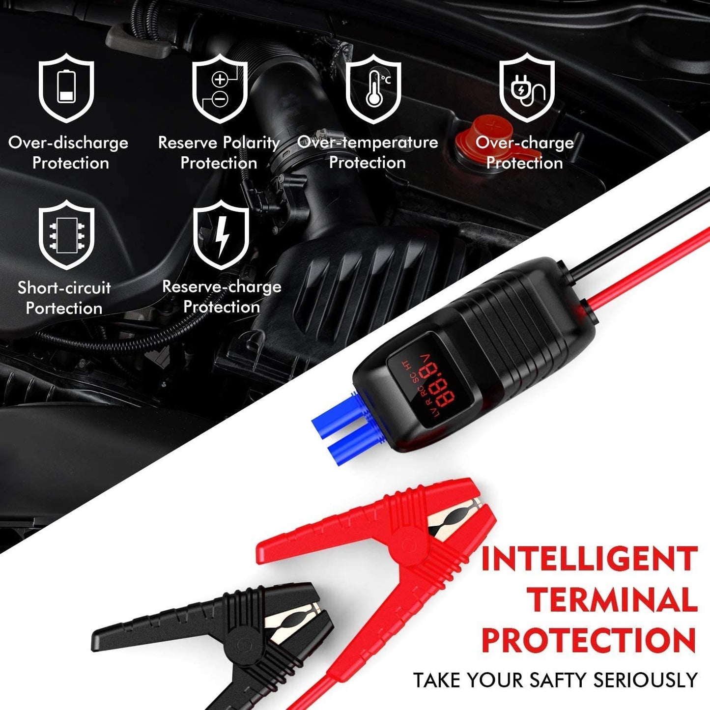 Portable Car Jump Starter- for up to 8.0L Gasoline/6.5L Diesel Engines, Quick Charging