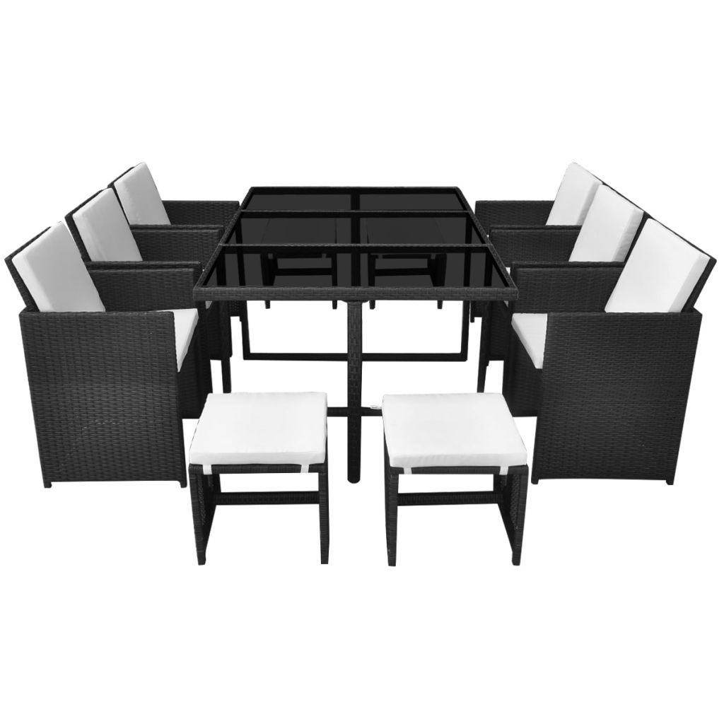 11 Piece Outdoor Dining Set with Cushions Poly Rattan Black