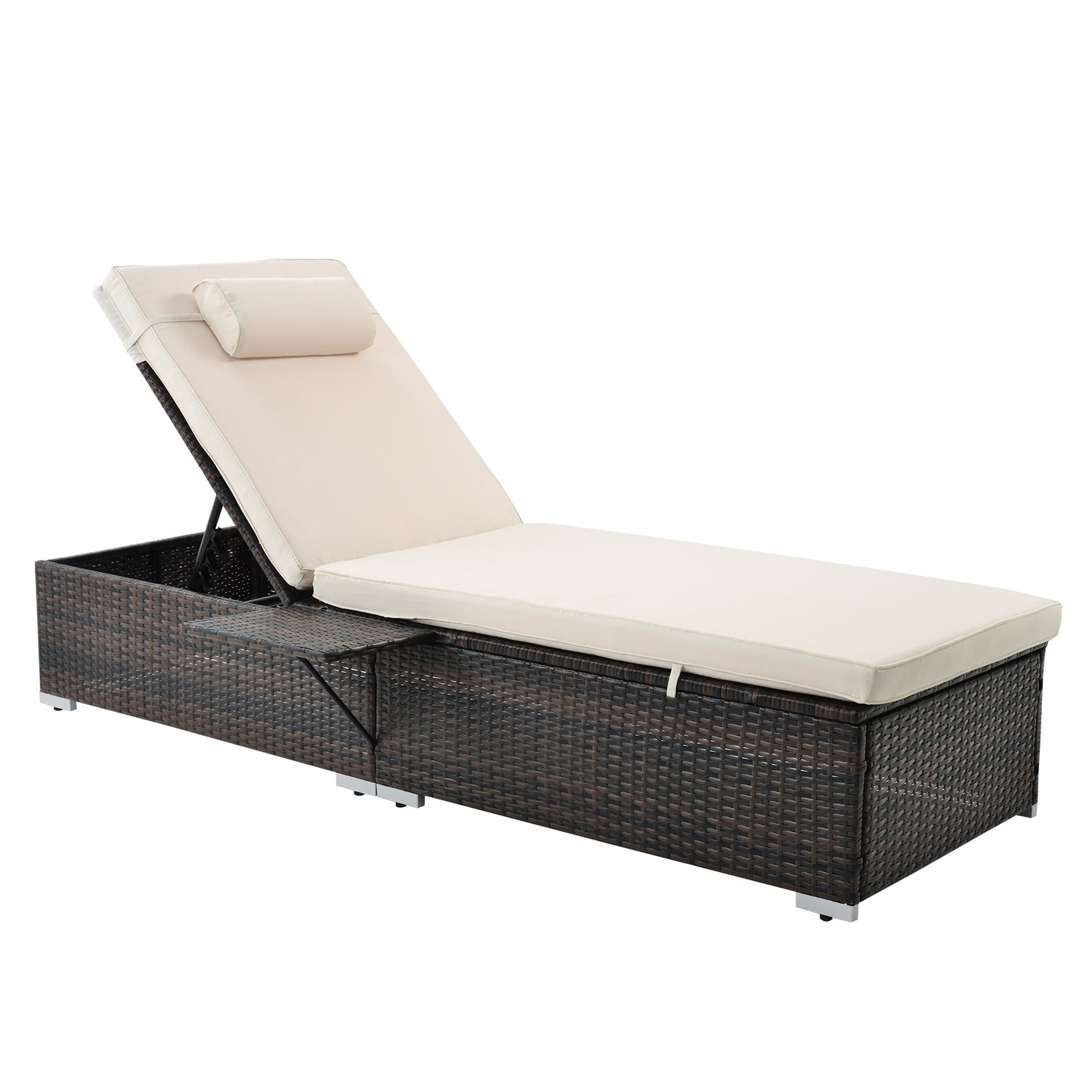 Outdoor Wicker Chaise Lounge - 2 Piece Patio Brown Rattan Reclining Chair Furniture Set Beach Pool Adjustable Backrest Recliners with Side Table and Comfort Head Pillow