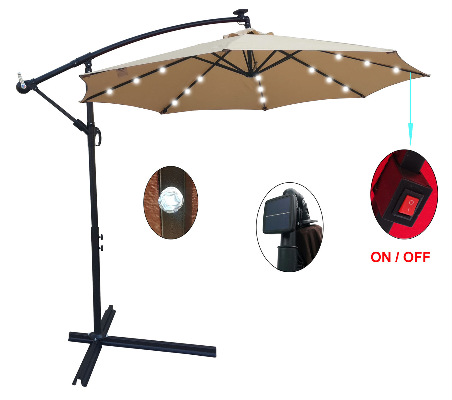 Tan 10 ft Outdoor Patio Umbrella w/ Solar Powered LED Lighted Sun Shade