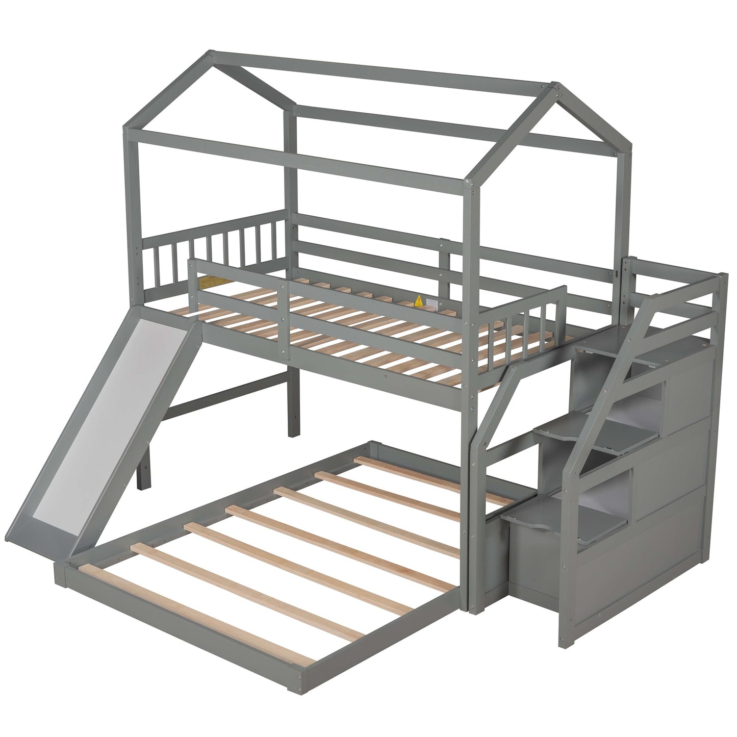 Twin over Full Sized Bunk Bed w/ Convertible Slide & Storage Staircase