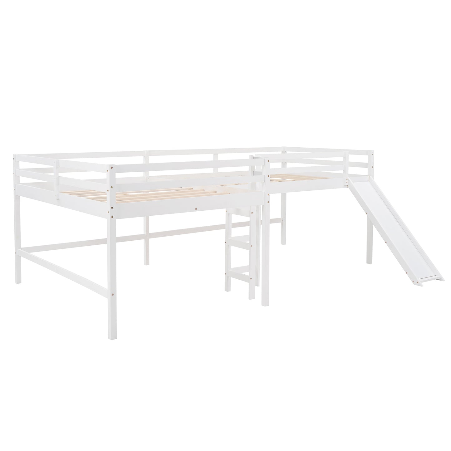 Full Size L-Shaped Loft Bed with Built-in Ladders and Slide