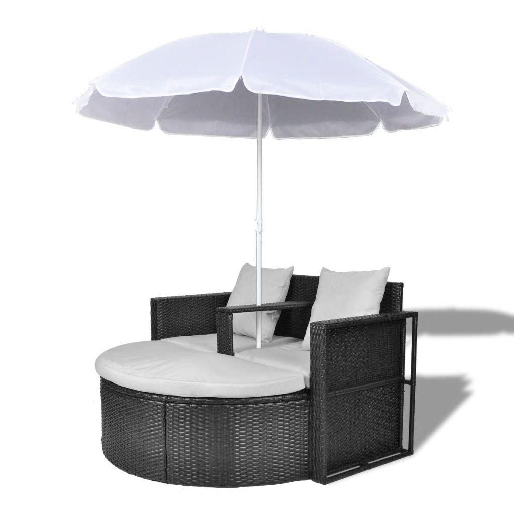 Garden Bed with Parasol Black Poly Rattan