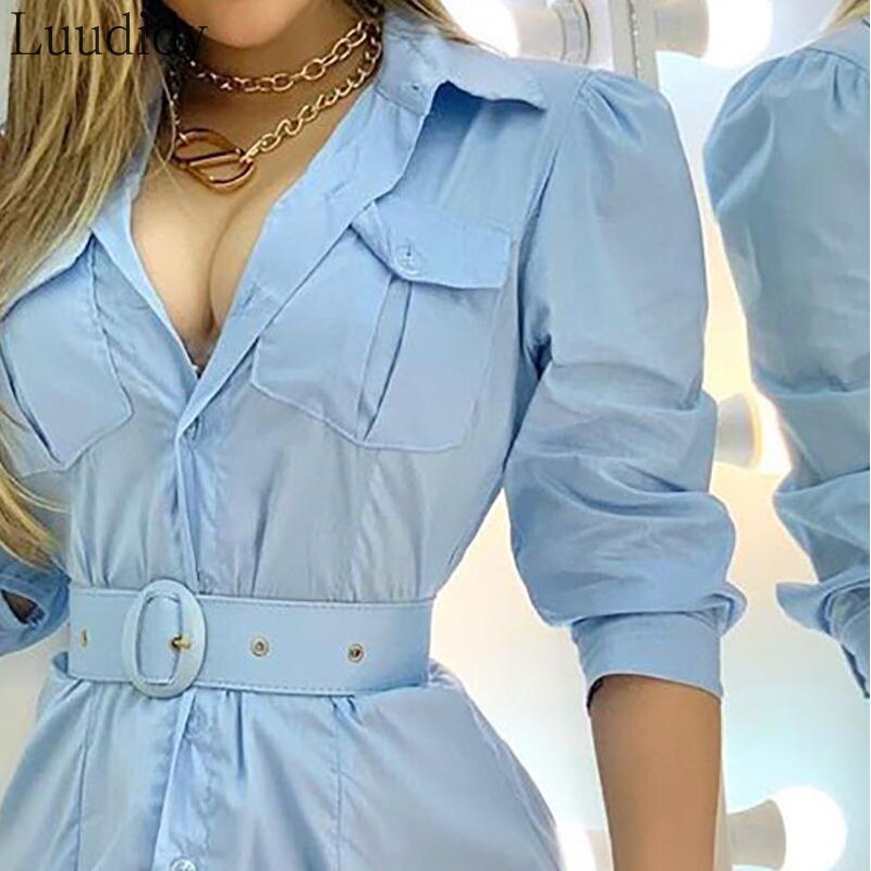 Puff Sleeve Autumn Shirt Mini Dress Female Vintage Button Belt Vestidos