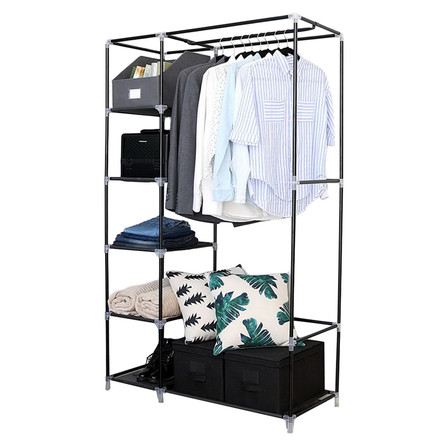 64" Portable Closet/Organizer Wardrobe Clothes Rack with Shelves-Black