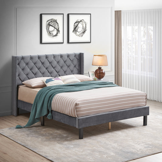 Strong Wood Upholstered Bed-Dark Gray Velvet (Queen)