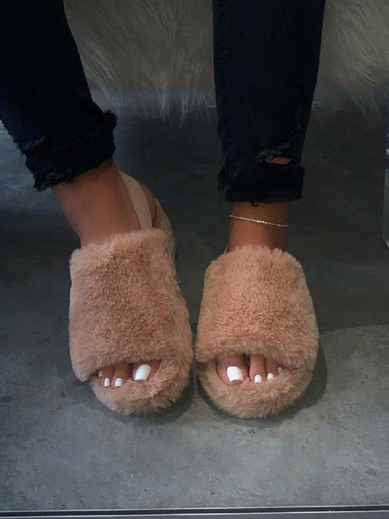 Women's Open Toe Fur Wedge Slippers with Ankle Elastic Band