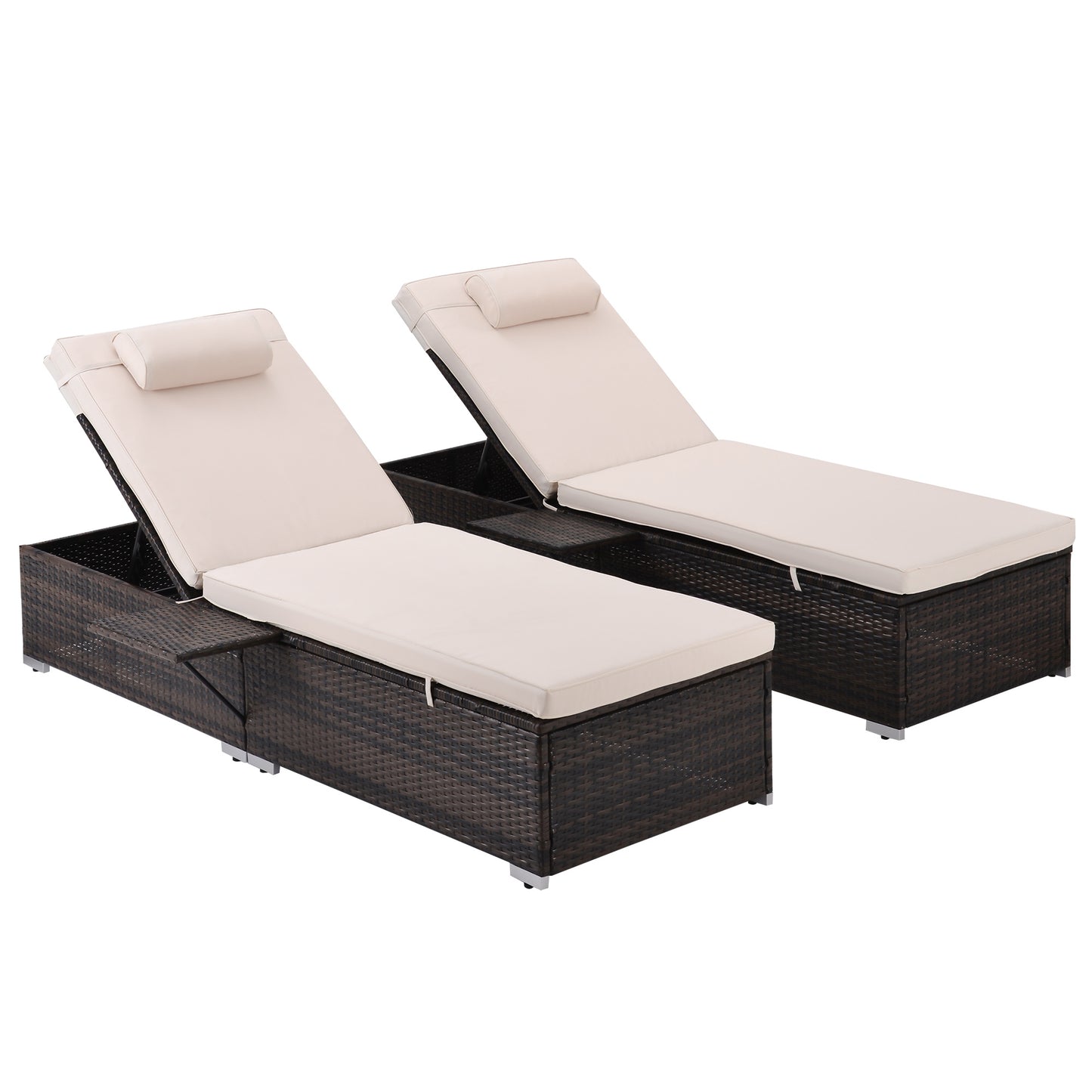 Outdoor Wicker Chaise Lounge - 2 Piece Patio Brown Rattan Reclining Chair Furniture Set Beach Pool Adjustable Backrest Recliners with Side Table and Comfort Head Pillow