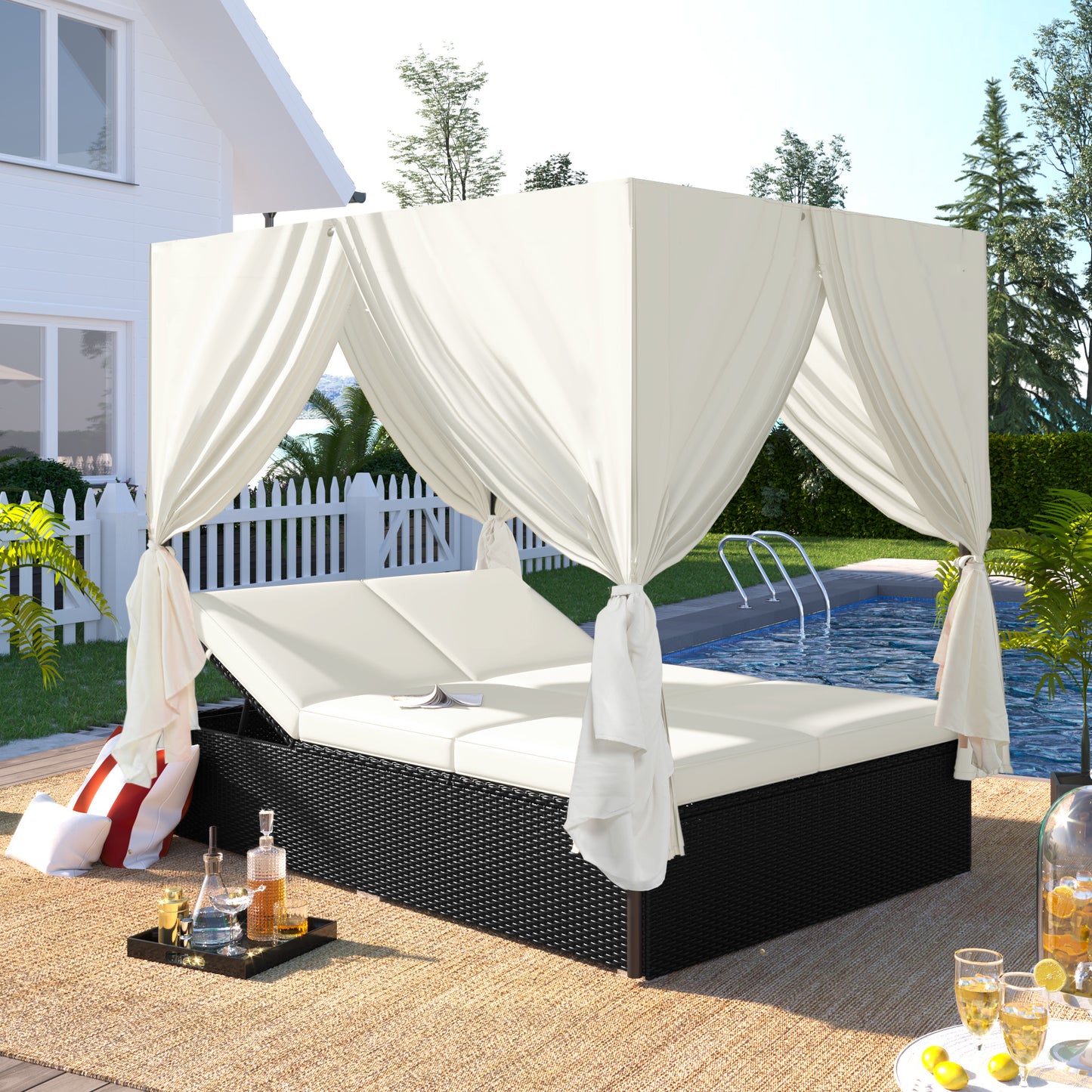 Outdoor Patio Wicker Sunbed Daybed with Cushions & Adjustable Seats