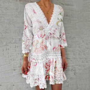 Elegant V Neck Lace Summer Dress w/ Three Quarter Sleeve