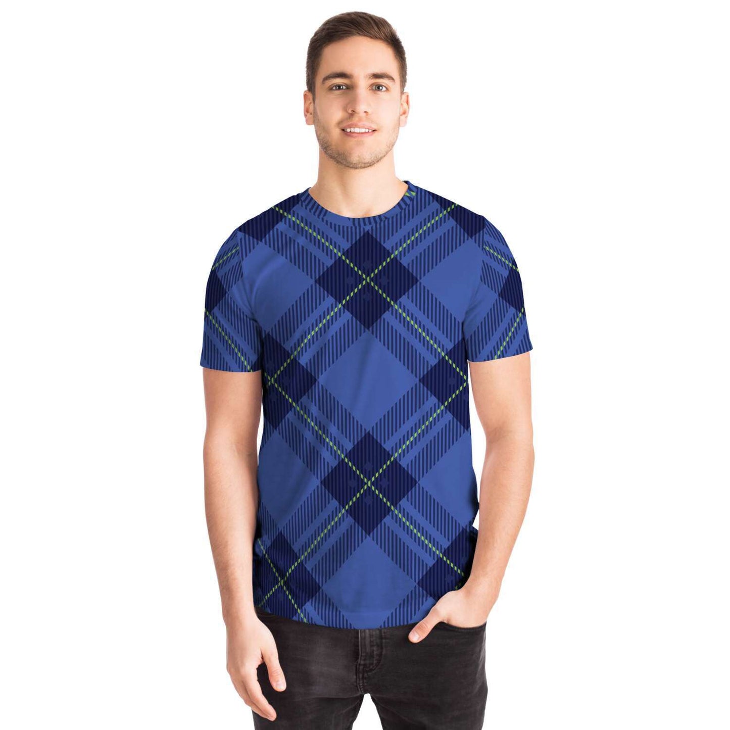 Men's Short Sleeve Shirt, Black and Blue Tartan Print Casual Activewear Shirt