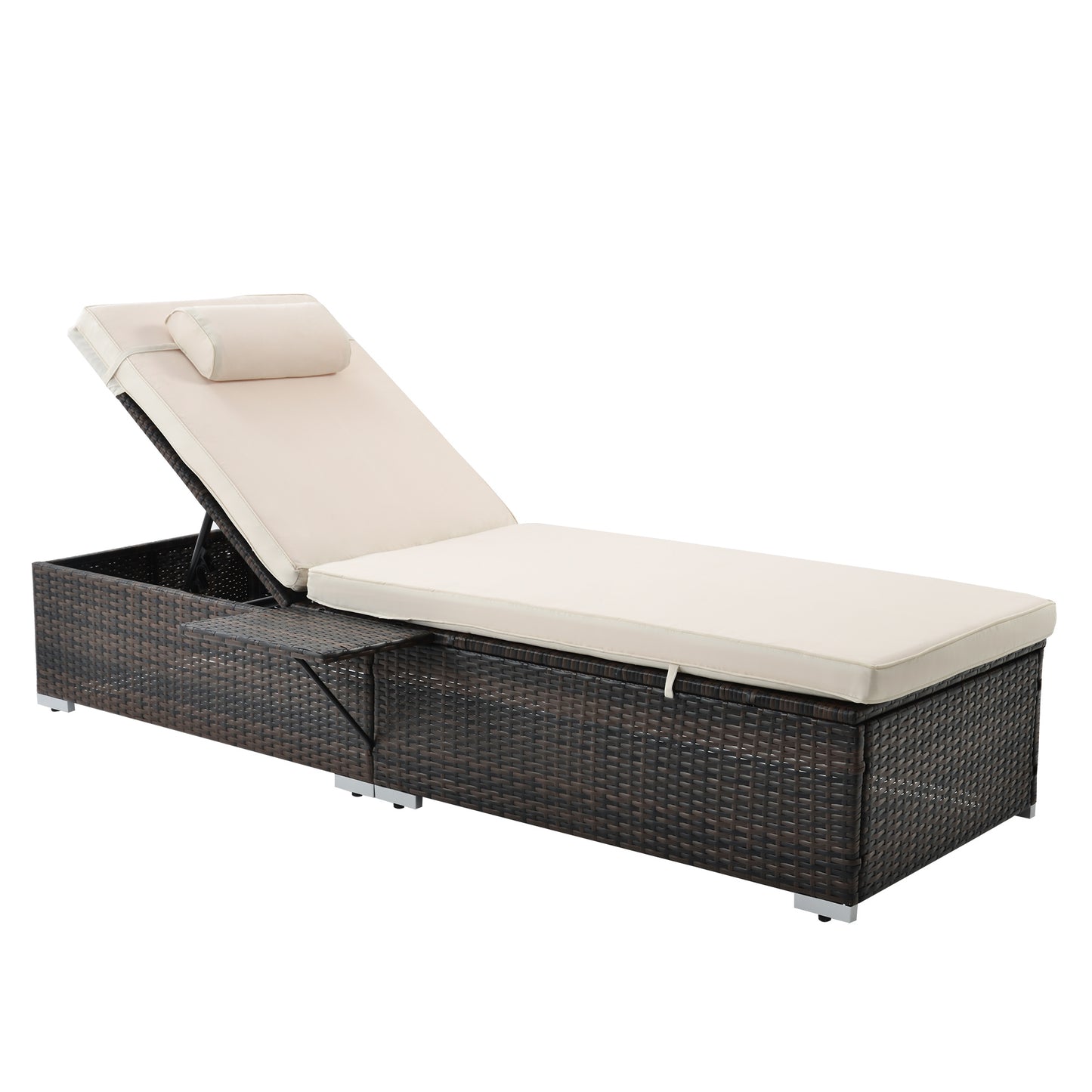 Outdoor Wicker Chaise Lounge - 2 Piece Patio Brown Rattan Reclining Chair Furniture Set Beach Pool Adjustable Backrest Recliners with Side Table and Comfort Head Pillow