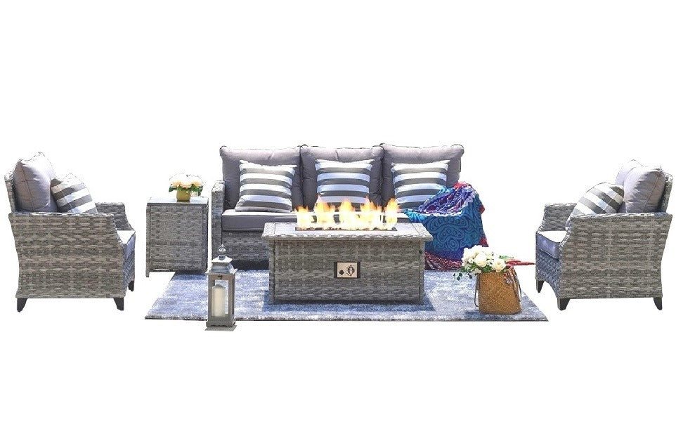 Rattan/Wicker Sofa Set w/ Direct Wicker Fire Pit Table and Chairs