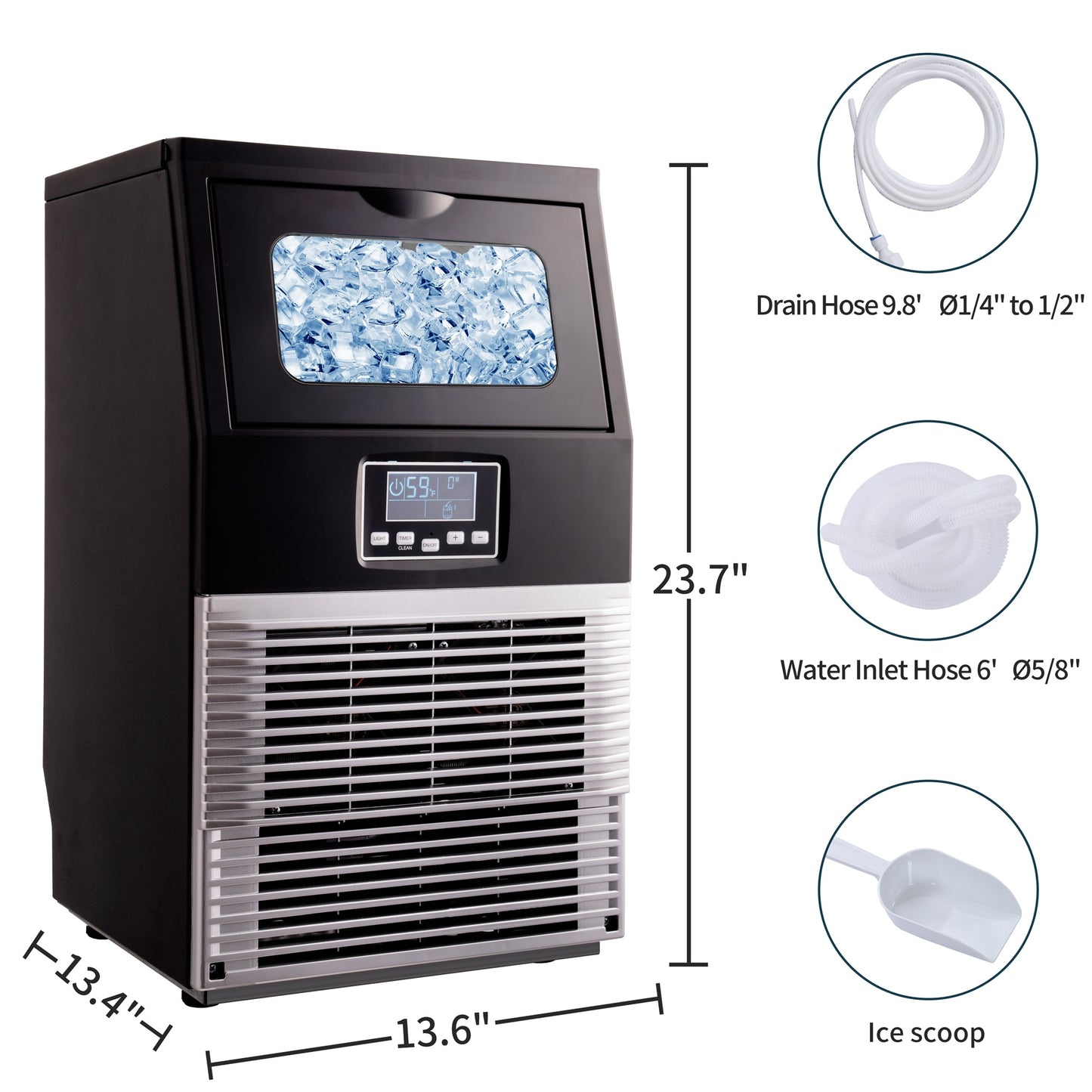 Freestanding Commercial Ice Maker Machine 66LBS/24H, Auto-Clean Built-in Automatic Water Inlet