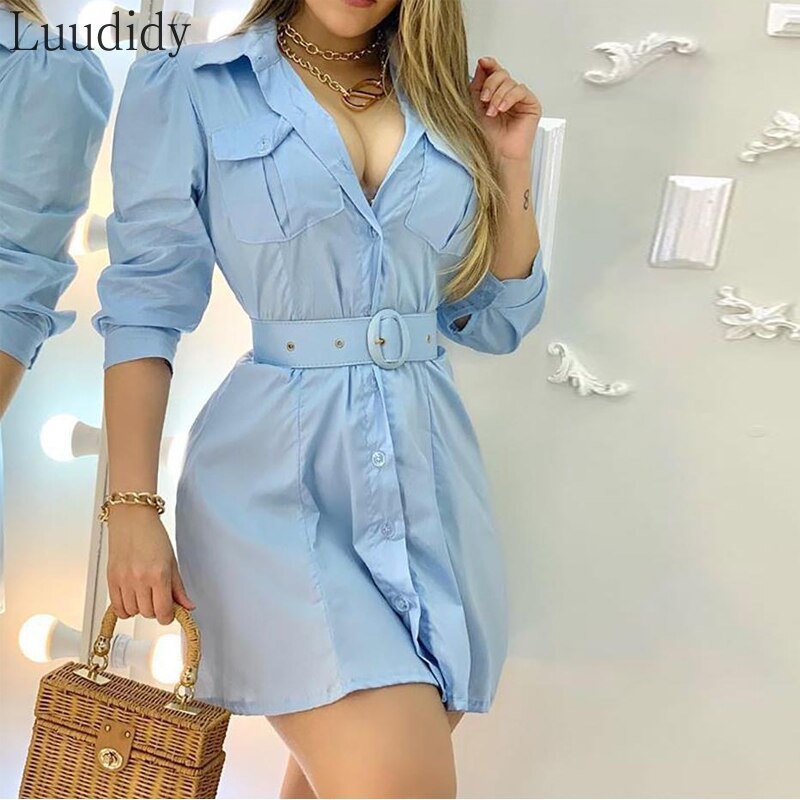 Puff Sleeve Autumn Shirt Mini Dress Female Vintage Button Belt Vestidos