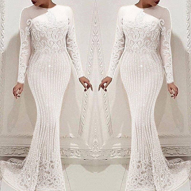 Sequined  Long Sleeve Bodycon White Mermaid Dresses