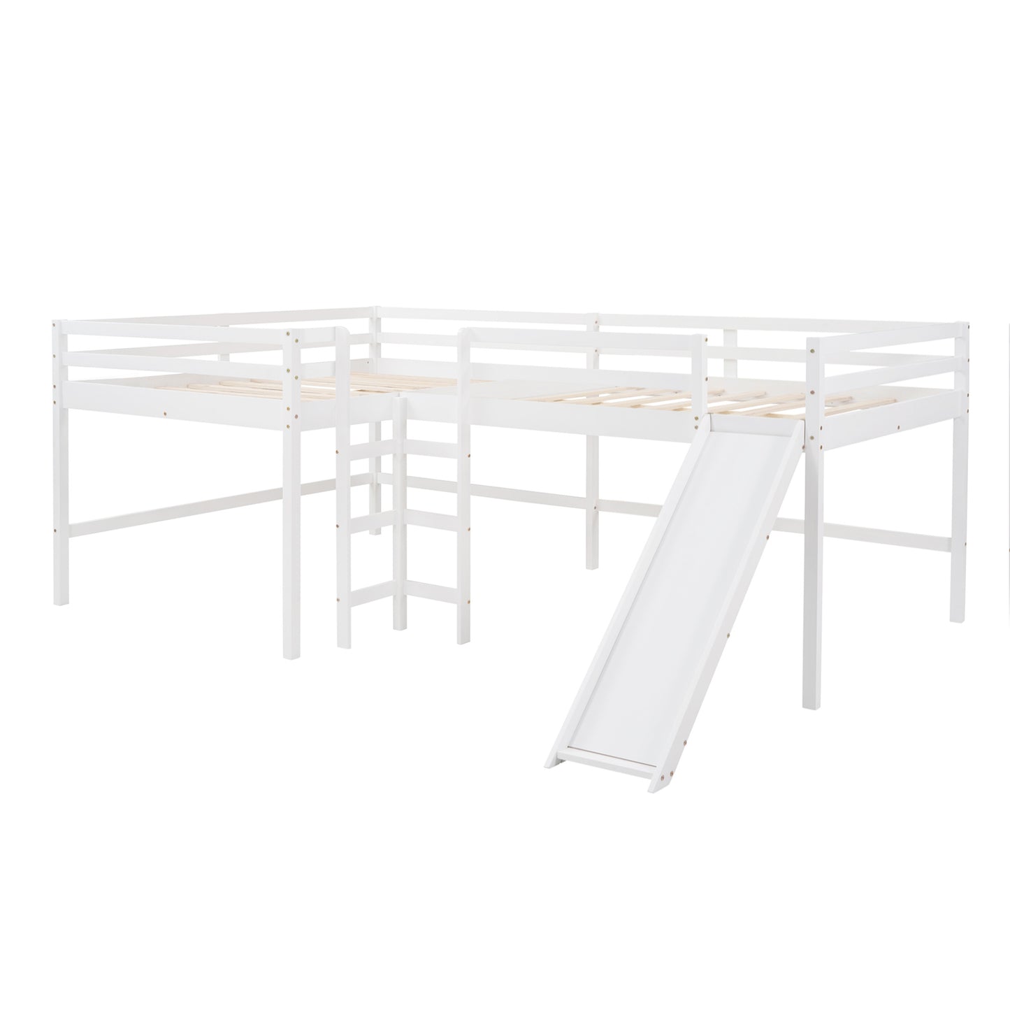 Full Size L-Shaped Loft Bed with Built-in Ladders and Slide