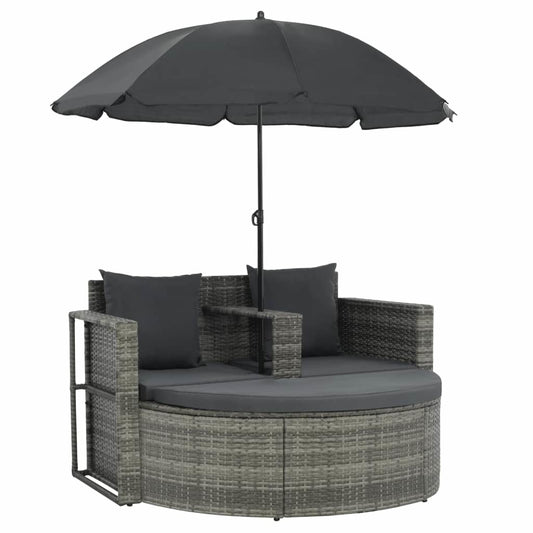 2 Seater Poly Rattan Garden Sofa with Cushions and Parasol-Gray