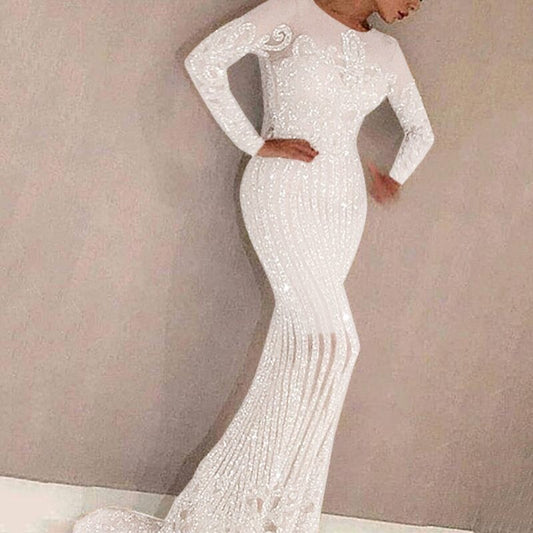 Sequined  Long Sleeve Bodycon White Mermaid Dresses