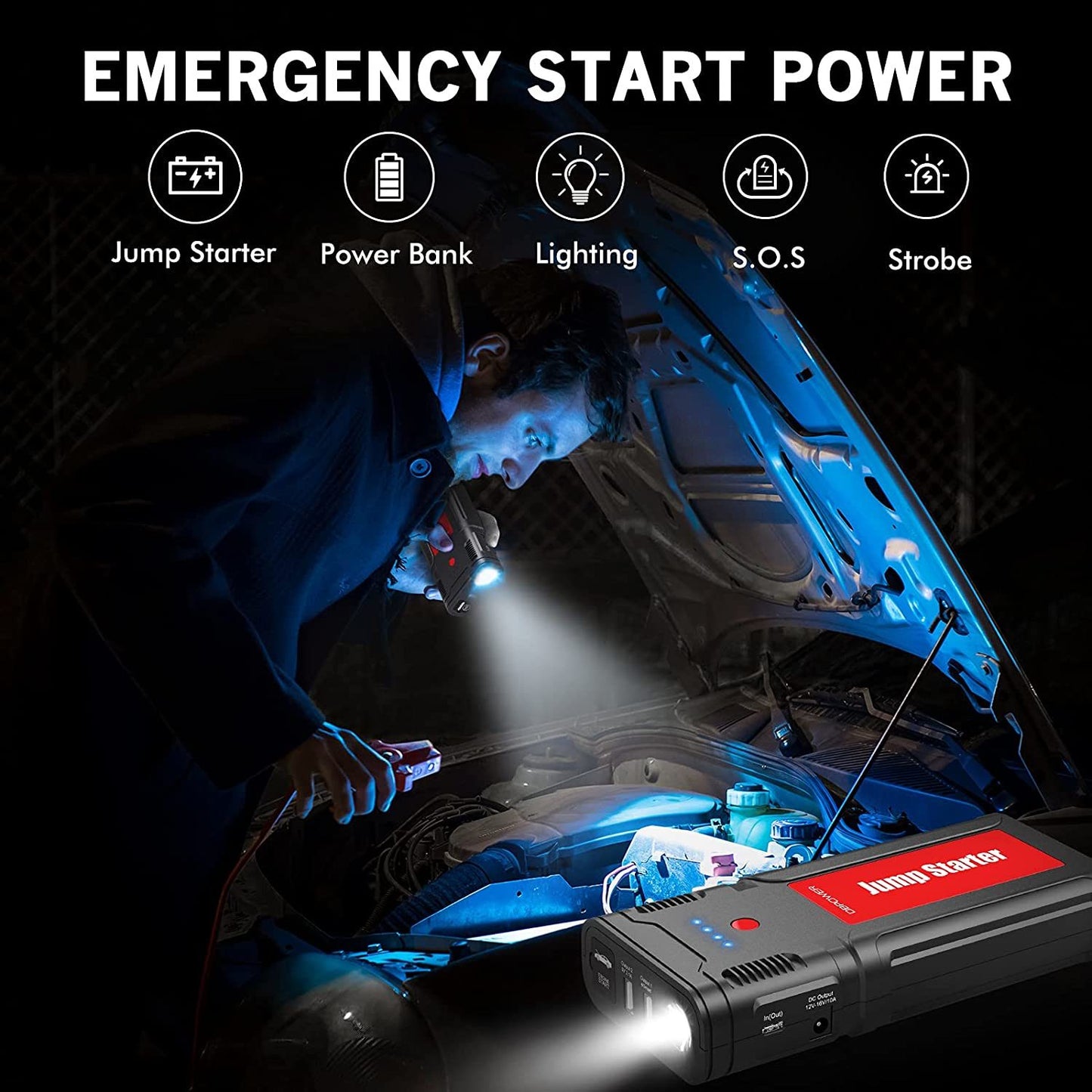 Portable Car Jump Starter- for up to 8.0L Gasoline/6.5L Diesel Engines, Quick Charging