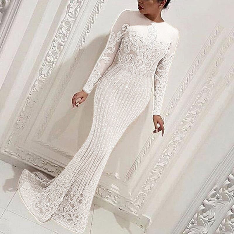 Sequined  Long Sleeve Bodycon White Mermaid Dresses