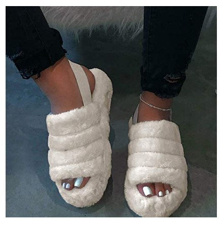 Women's Open Toe Fur Wedge Slippers with Ankle Elastic Band