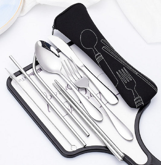 8 Pieces Travel Flatware Set, Portable Stainless Steel Utensils Set, Knife Fork Spoon Chopsticks Straw with Zipper Case