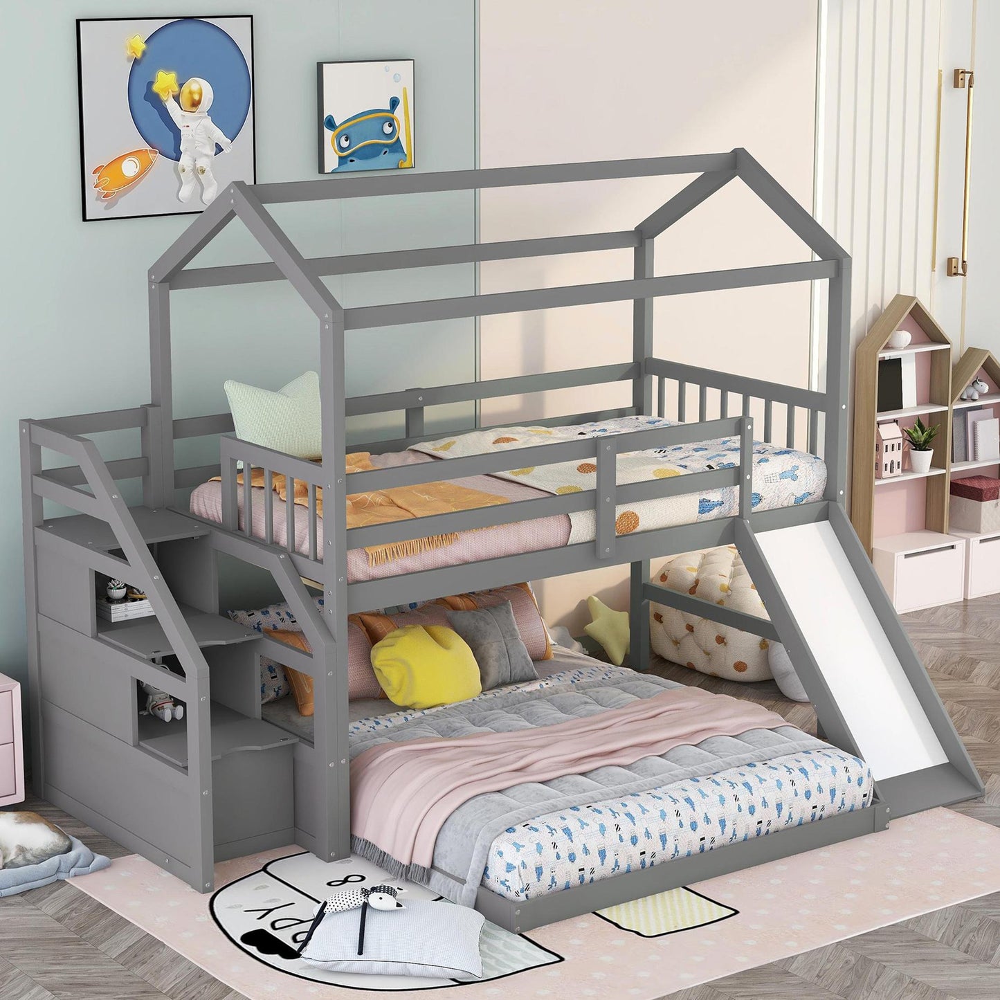 Twin over Full Sized Bunk Bed w/ Convertible Slide & Storage Staircase