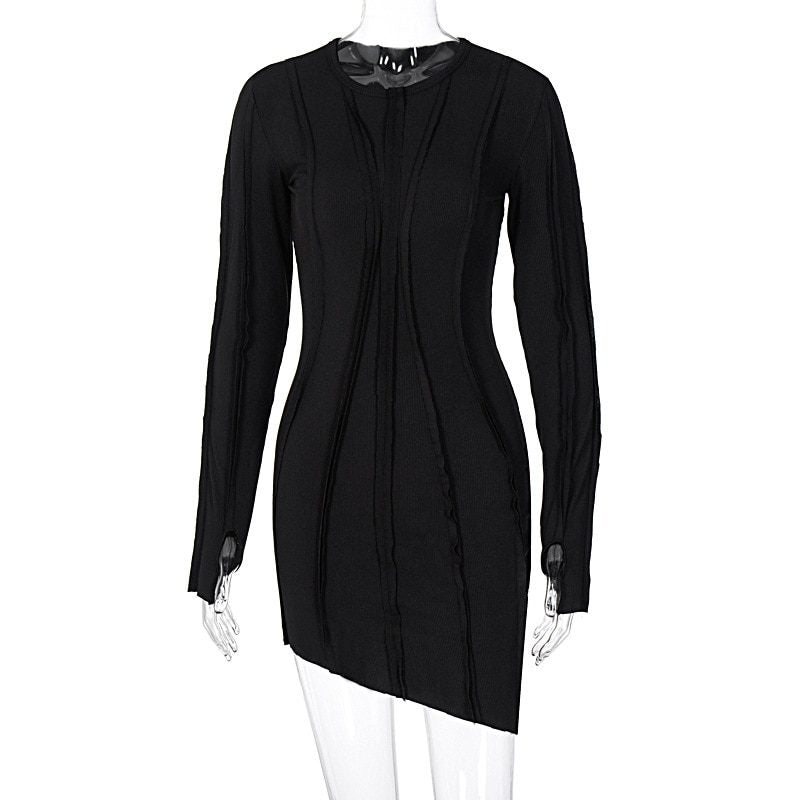 Asymmetric Black Bodycon  Long Sleeve Mini Dress