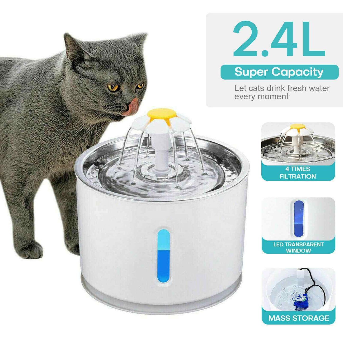 2.4L Automatic Pet Water Dispenser w/ 3 Filter & Brush