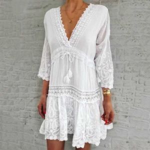 Elegant V Neck Lace Summer Dress w/ Three Quarter Sleeve