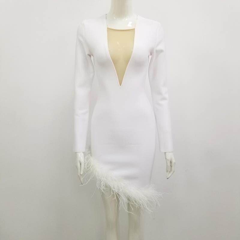 Long Sleeve Feather White Bodycon Dress