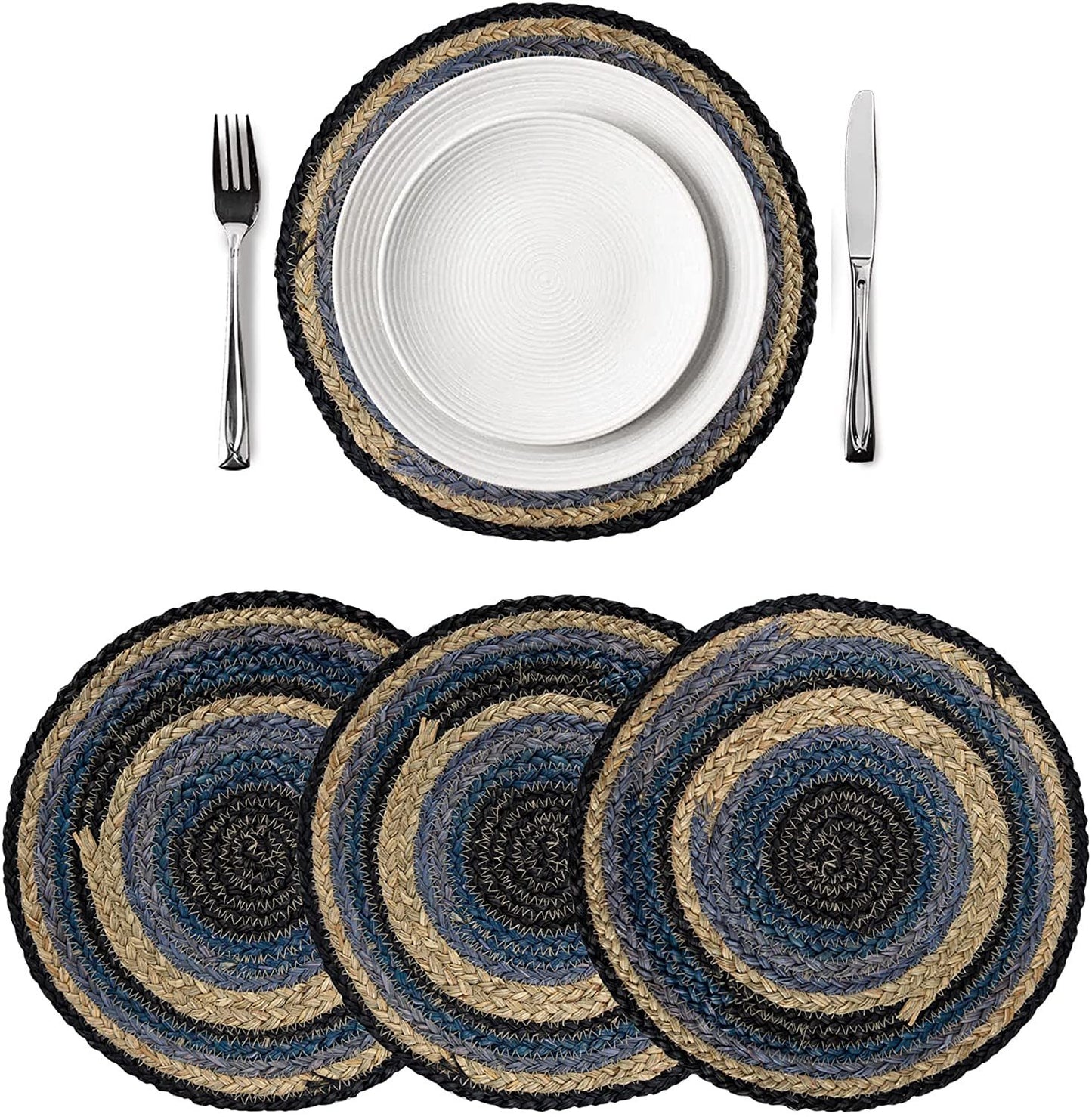 Set of 4 Round Jute Placemats (Anti Slip and Hand Woven)