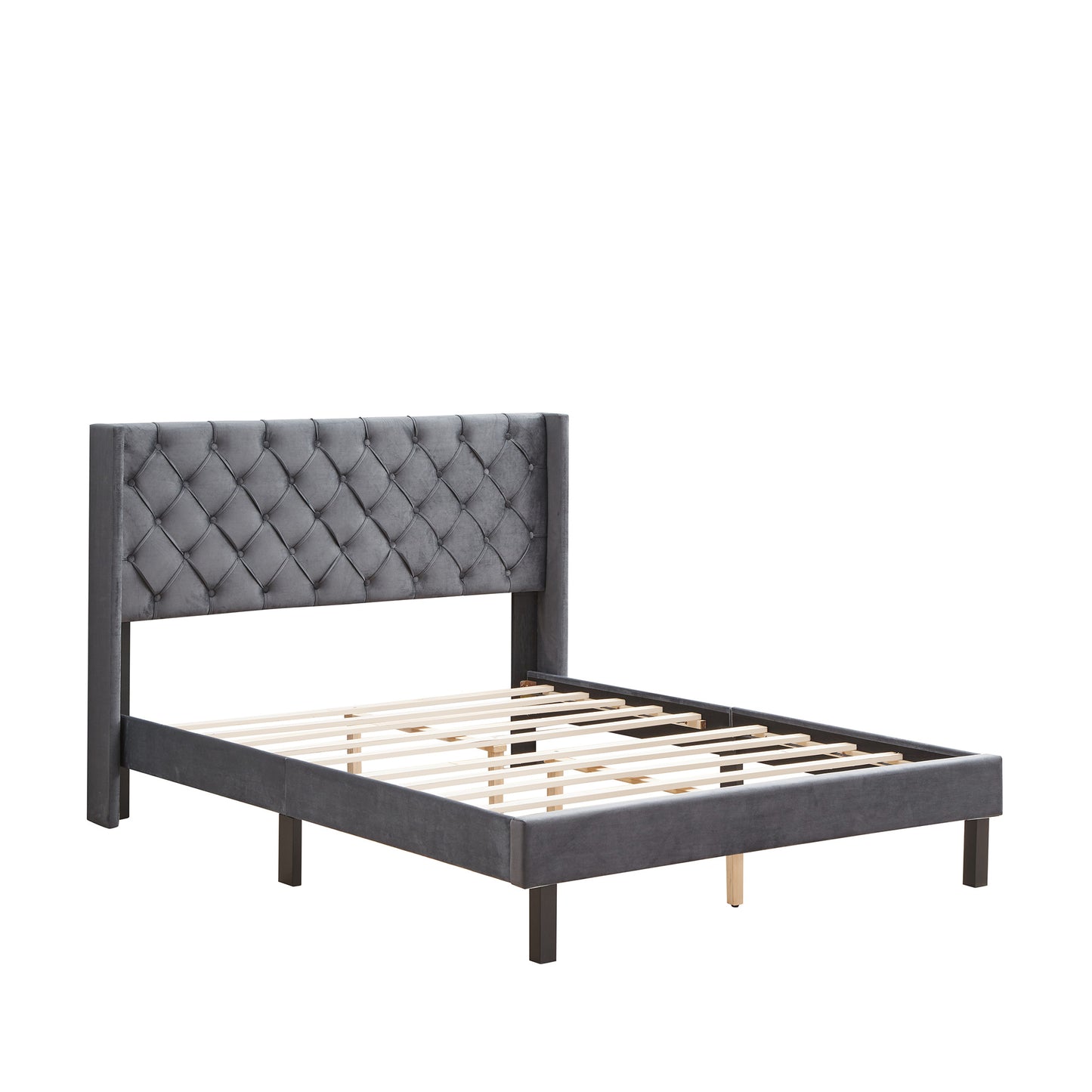 Strong Wood Upholstered Bed-Dark Gray Velvet (Queen)